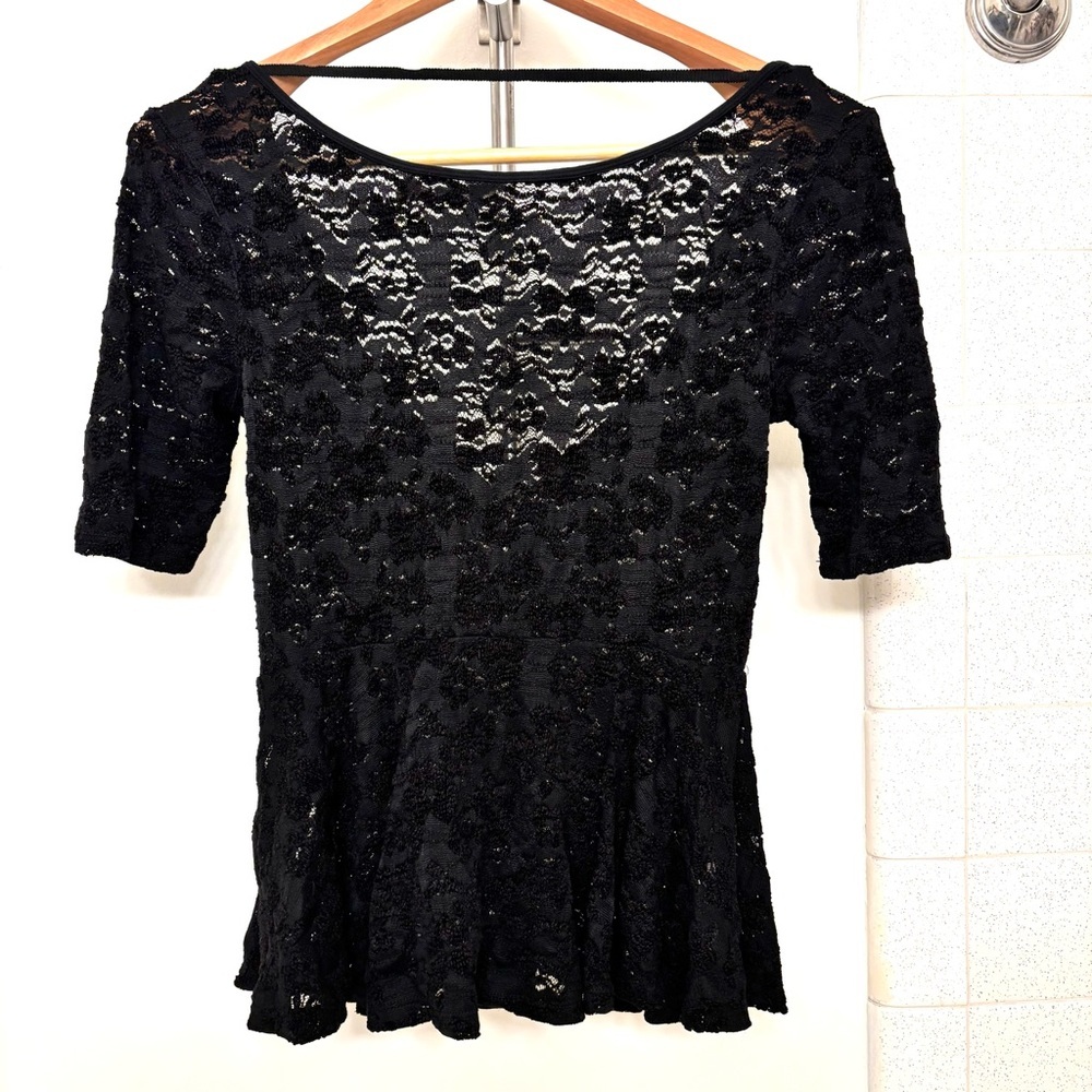 Free People Black Lace Top Size Medium Peplum Romantic Whimsigoth Dark Fairy - Picture 2 of 10
